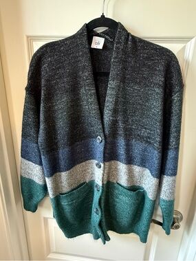 CAbi Colorblock Button Cardigan in Charcoal, Navy & Teal